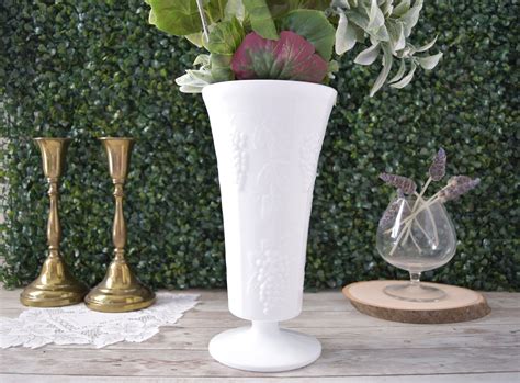Vintage White Rustic Wedding Vase Tall Footed Milk Glass Etsy