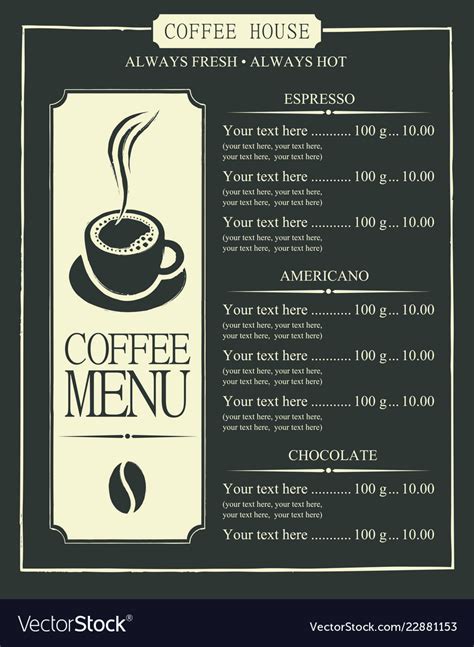 coffee menu  cup coffee  price list vector image
