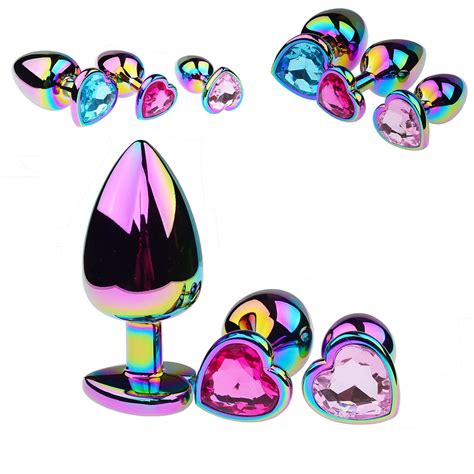 Colored Metal Anal Plug Rainbow Glass Diamond Heart Shaped Base Sexy