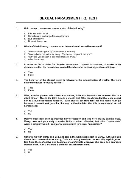 sexual harassment iq test template word and pdf by business in a box