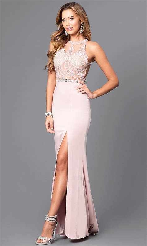 open back beaded illusion long prom dress promgirl