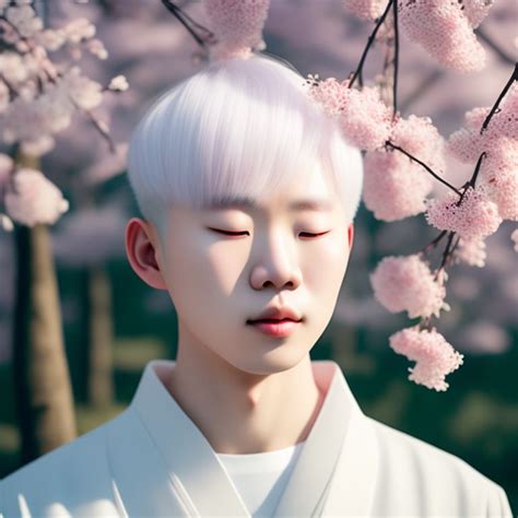 purple clam young albino korean man   eyes closed  white
