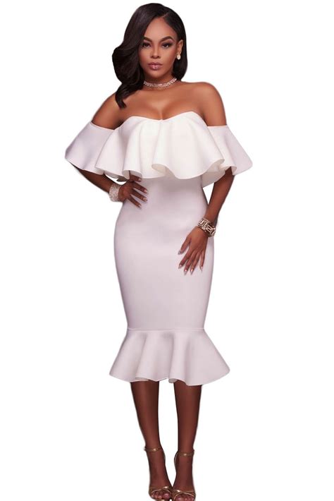 New In White Ruffle Off Shoulder Mermaid Midi Party Dress