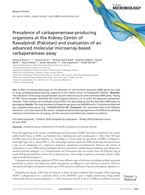 prevalence  carbapenemase producing organisms   kidney center  rawalpindi