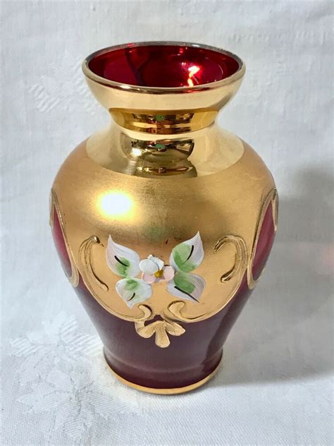Vintage Hand Painted Bohemian Glass Vase Red And Gold Floral 4 1 4