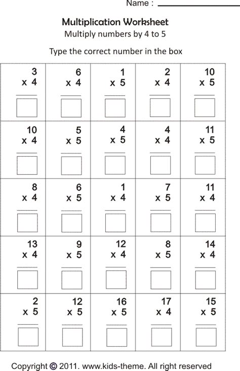 multiplication worksheets multiply numbers by 4 to 5