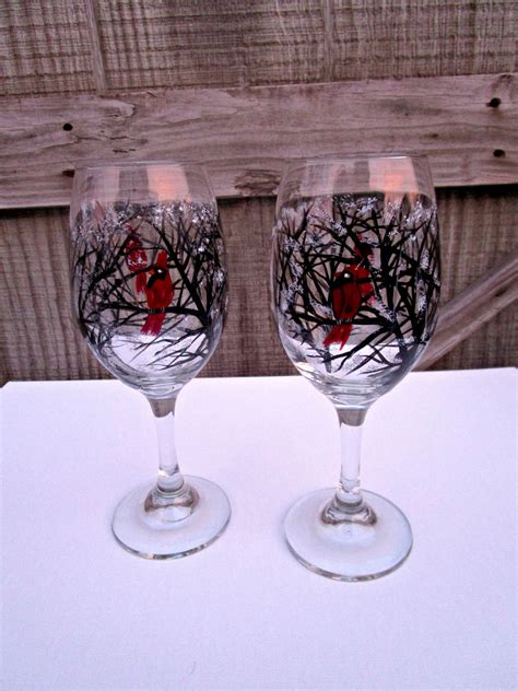 Hand Painted Wine Glass Pair Wine Glasses Winter Trees Etsy In 2020