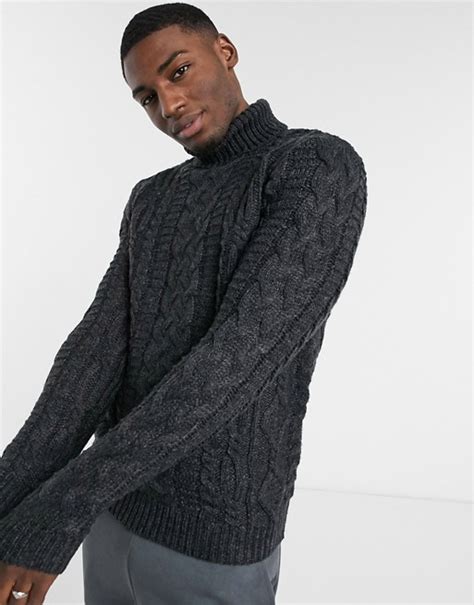 Asos Design Heavyweight Cable Knit Roll Neck Jumper In Charcoal Asos