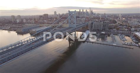aerial drone footage  benjamin franklin bridge  philadelphia stock footagefootagebenjamin