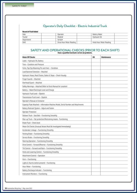 printable forklift inspection checklist