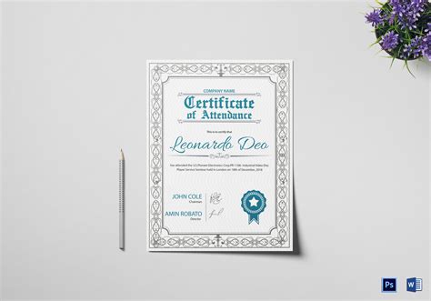 regular attendance certificate design template  psd word