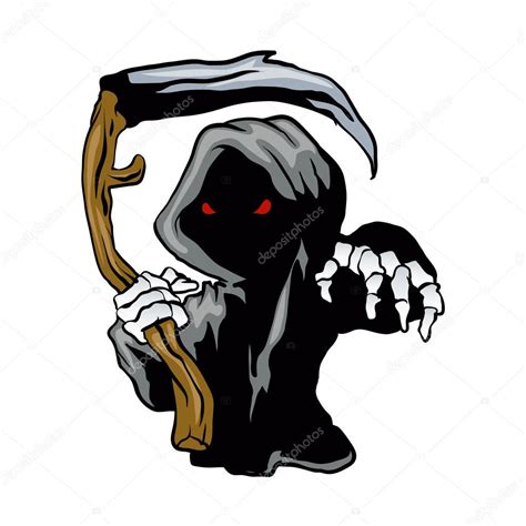cartoon grim reaper with red eyes holding a scythe