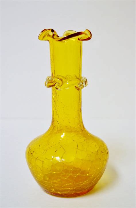 Pilgrim Glass Co Hand Blown Crackle Glass Amber Vase 1950s 15 99