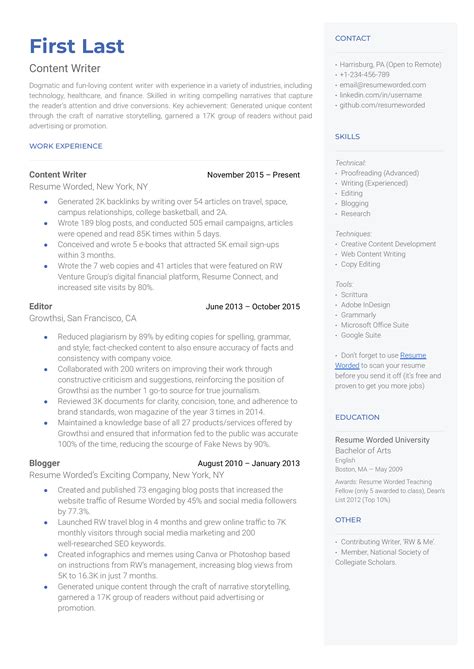 content writer cv examples   resume worded