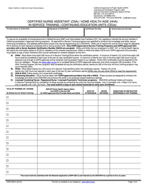cna inservice hours form fill  printable fillable blank