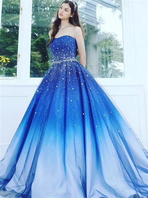 fancy ocean blue prom dresses    princess strapless sleeveless