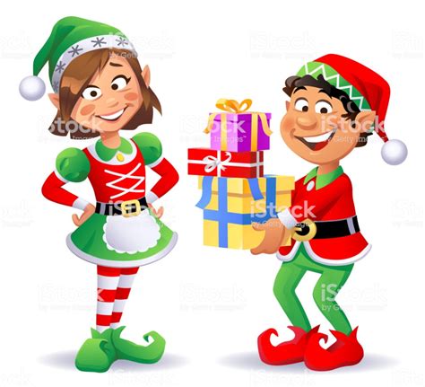 Vector Illustration Of Two Cheerful Christmas Elves Wearing Santa