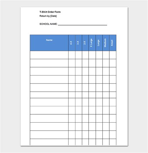 printable downloadable  shirt order form template