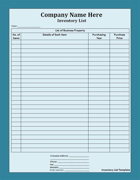 business inventory list  word templates