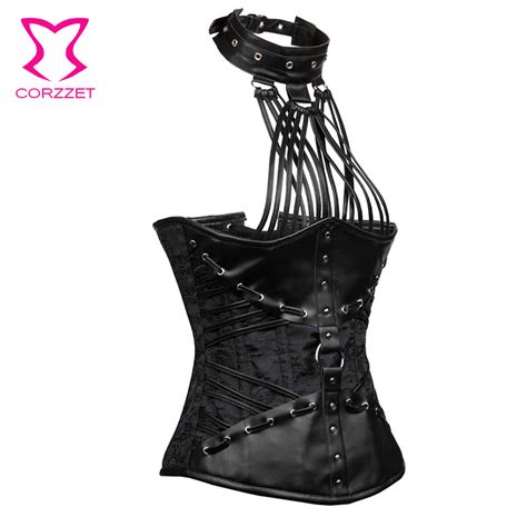 gothic corset plus size s 6xl black brocade and faux leather cupless