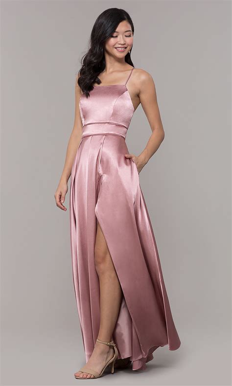 mauve pink long lace up back satin formal dress