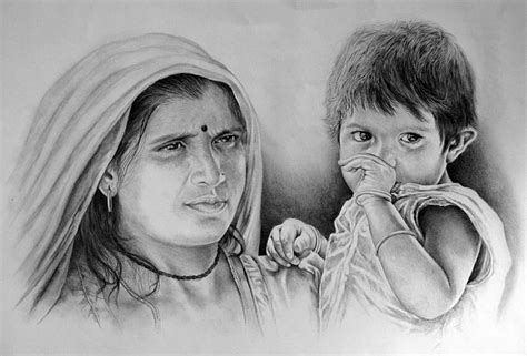 With Mother Drawing By Vijay Shrimali
