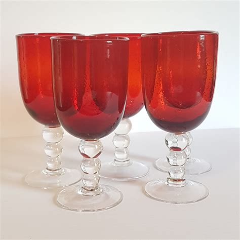 Set Of 5 Ruby Red Blown Glass Goblets 3 Ball Clear Stem Vintage Hand