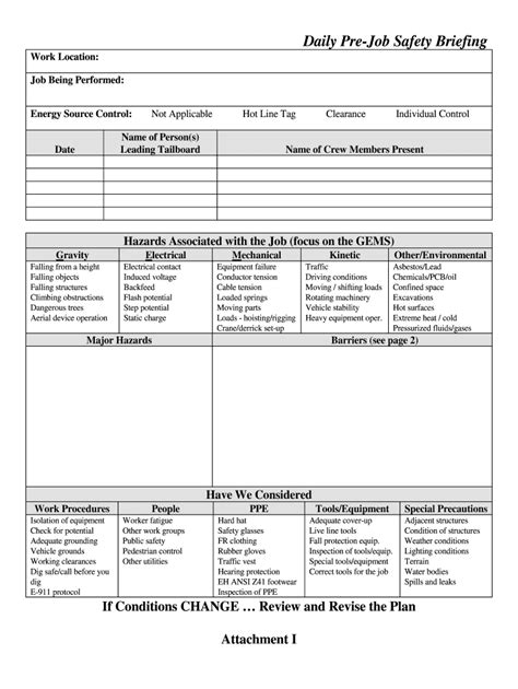 pre job briefing template fill  printable fillable blank