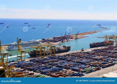 montjuic hill view   sea   shipping port  barcelona barcelone spain editorial