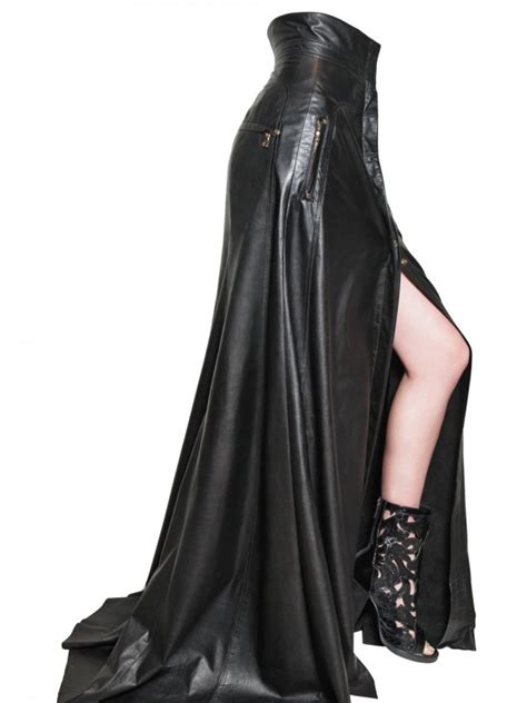lyst balmain high waisted long leather skirt in black
