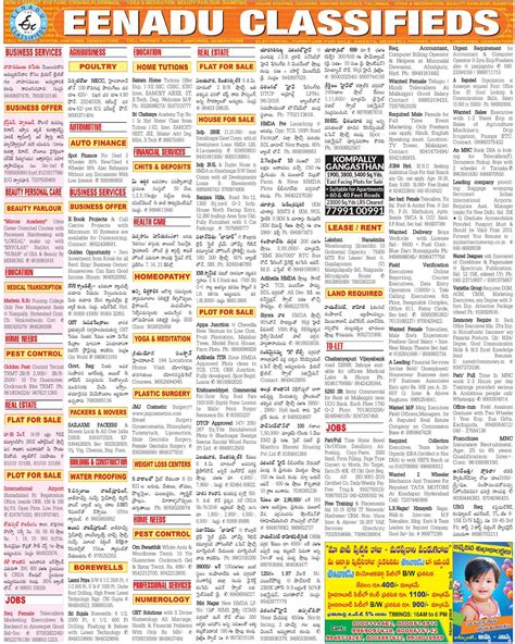 Eenadu Classified Page Ads In Eenadi Telugu Newspaper Hyderabad