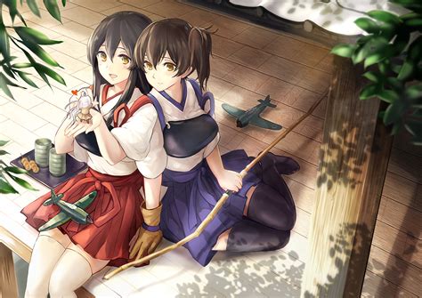 2girls aircraft akagi kancolle black hair bow weapon brown eyes brown hair drink equipments