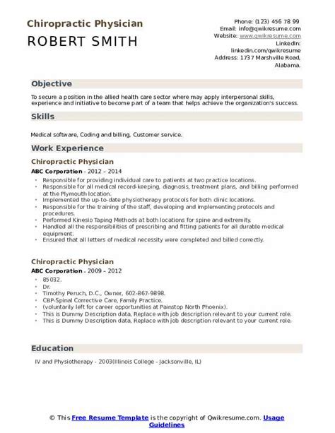 chiropractic physician resume samples qwikresume