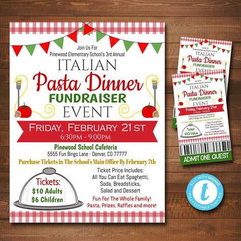 editable spaghetti dinner fundraiser flyer ticket set pto pta church