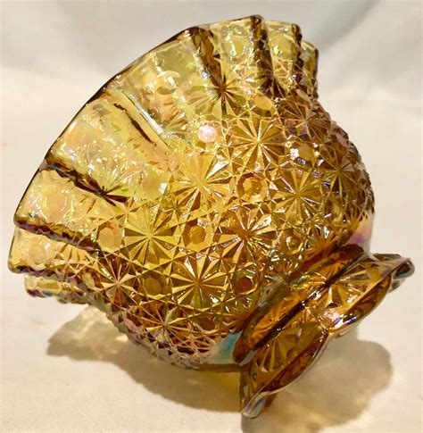 Iridescent Amber Gold Carnival Glass Starburst Fluted Edge Bowl
