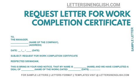 letter format  work completion certificate request letter