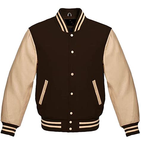 mens brown varsity jacket  cream leather sleeves jackets creator