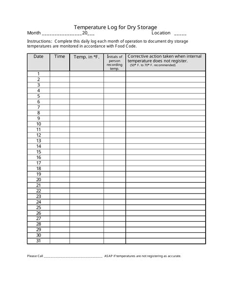 temperature log sheet printable