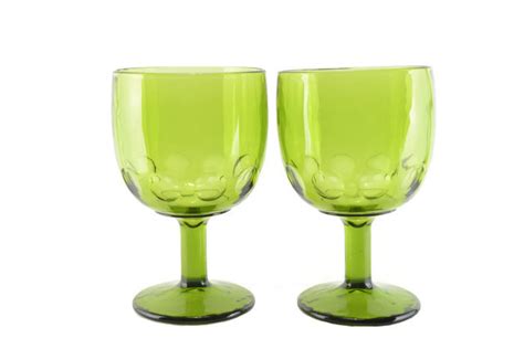 Vintage Set Of 2 Large Wine Glasses Pair Olive Green