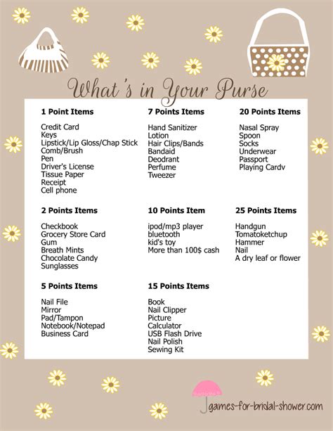 printable whats   purse bridal shower game