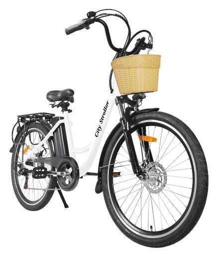 electric bicycle  watt step  lithium powered city bike  plastic basket stroller