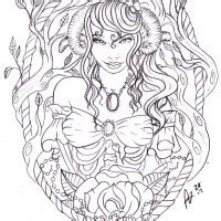 outline zombie girl  aries horns  rich decorated frame tattoo