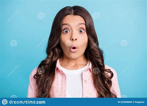 Portrait Of Impressed Curly Hairstyle Girl Open Mouth Staring Bad Fake