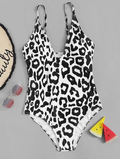Leopard Print Deep Plunge One Piece Swimsuit Plunging One Piece