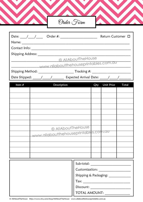 editable order form template product  pink  instant   order form planner