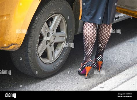 Woman Wearing Pattern Black Net Nylon Stockings Enters Taxi Cab In Nyc