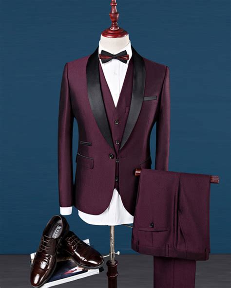 slim fit wedding suits for men shawl collar 3 pieces burgundy suit men