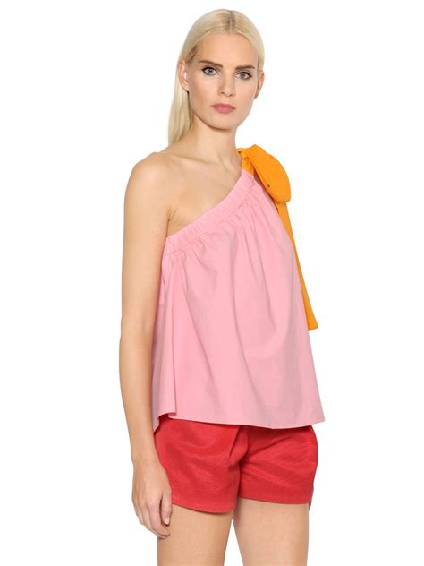 Lyst Msgm One Shoulder Cotton Poplin Top W Bow In Pink