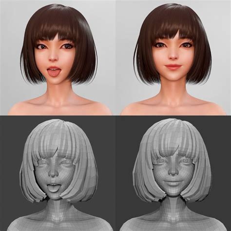 Three Different Views Of A Womans Face With Short Hair And Bangs