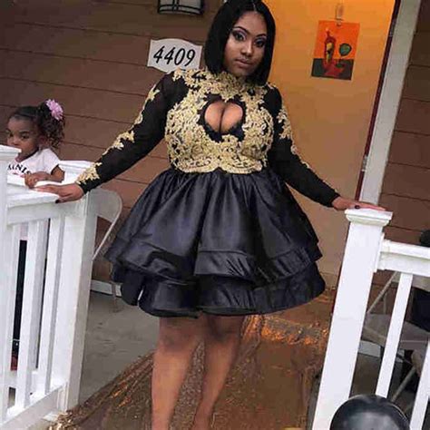 cute high neck long sleeve gold lace african short prom dresses 2019